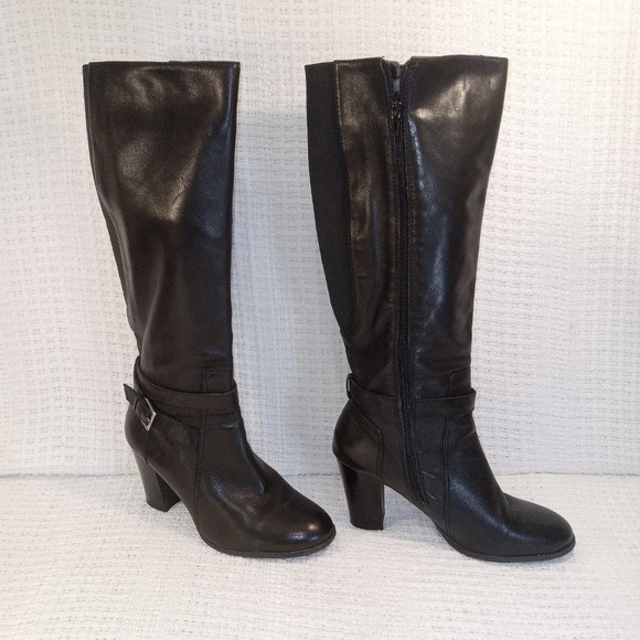 Marc Fisher Kessler Knee High Tall Black Leather Womens Boots Size 10 M Side Zip - Picture 1 of 12